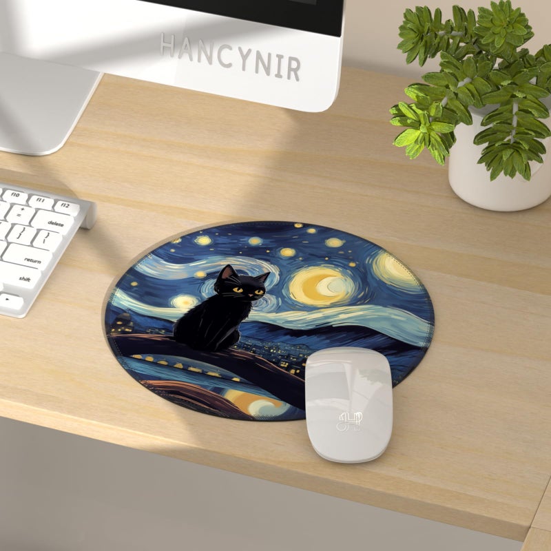 Hancynir Black Cat Mouse Pad for Desk, Starry Night Small Cute Mousepad with Non-Slip Rubber Base, Round Mouse Pads for Wireless Mouse Laptop, Computer Mouse Mat for Home Office Desk Accessories - Image 2
